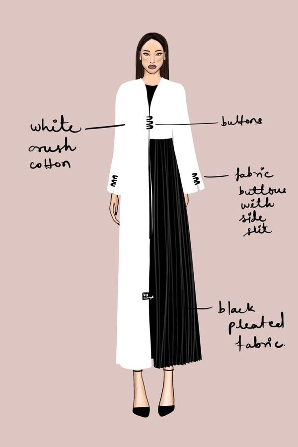 Illustrated white and black pleated abaya
